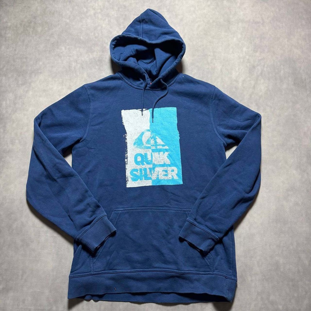 Quiksilver Graphic Hoodie Mens Medium Navy Blue Good Y2K‎ Skate Surf Pullover